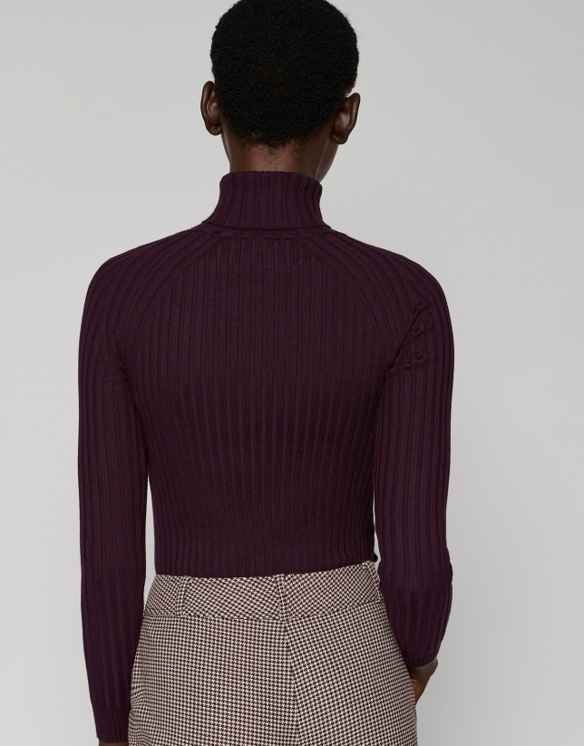 Maroon ribbed sweater with raised collar