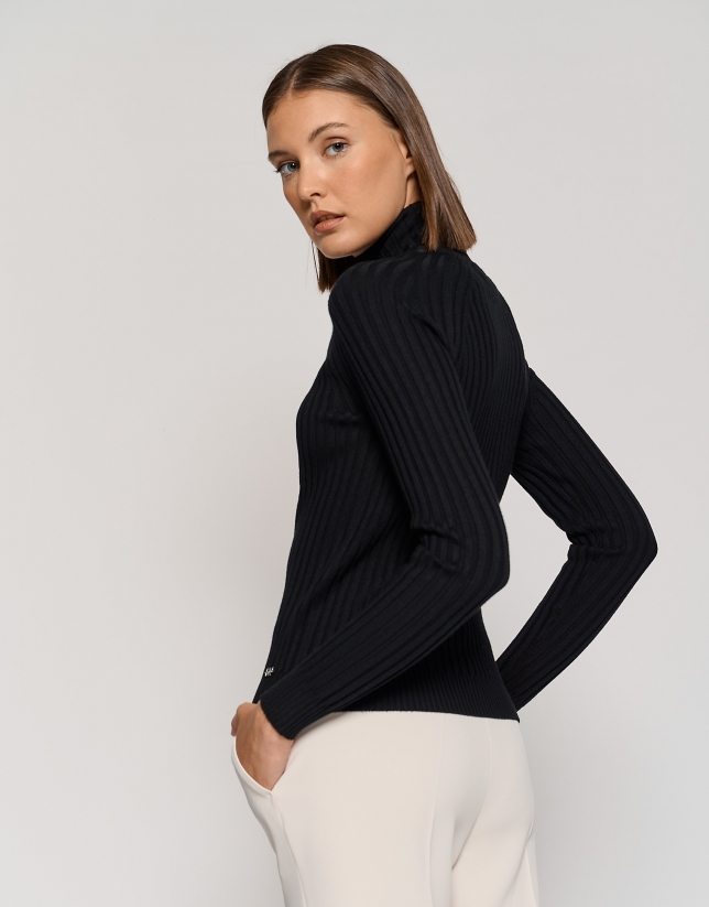 Black ribbed sweater with raised collar
