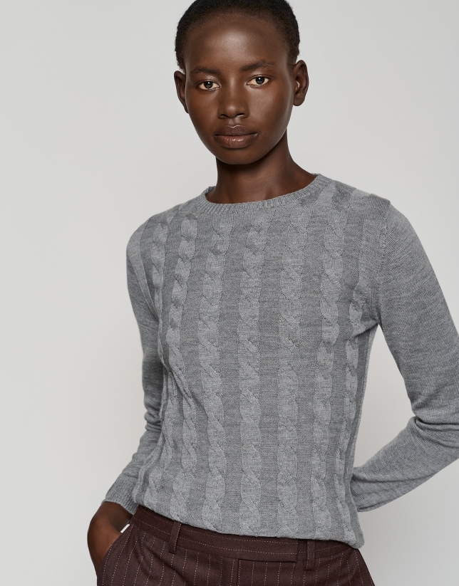 Gray sweater with cable stitching and boat neck
