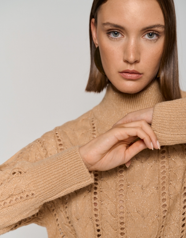 Camel cable knit sweater with openwork