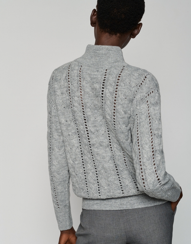 Gray cable knit sweater with openwork