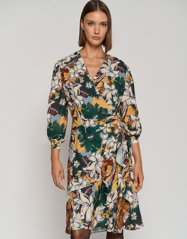 Long-sleeved draped dress with green floral print