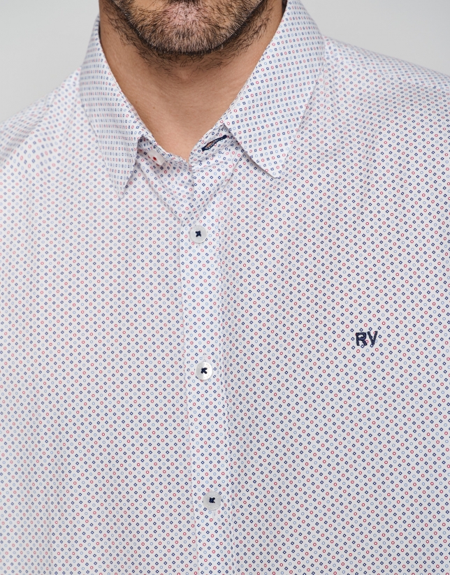 White regular sport shirt with blue and red print