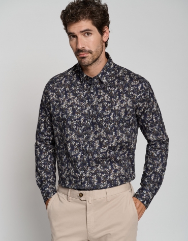 Blue and natural floral print regular sport shirt
