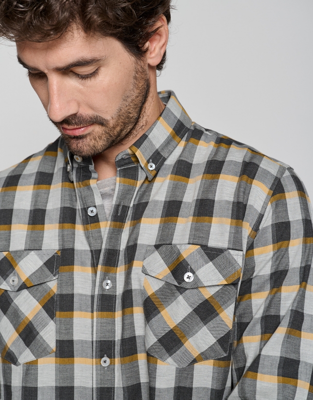 Gray and yellow checked casual shirt