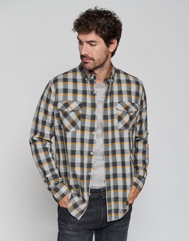 Gray and yellow checked casual shirt