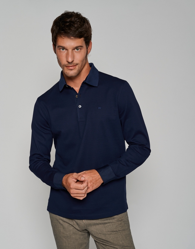 Blue jacquard polo shirt with long sleeves