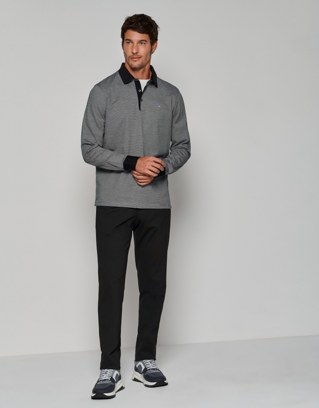 Gray and white jacquard polo shirt with long sleeves