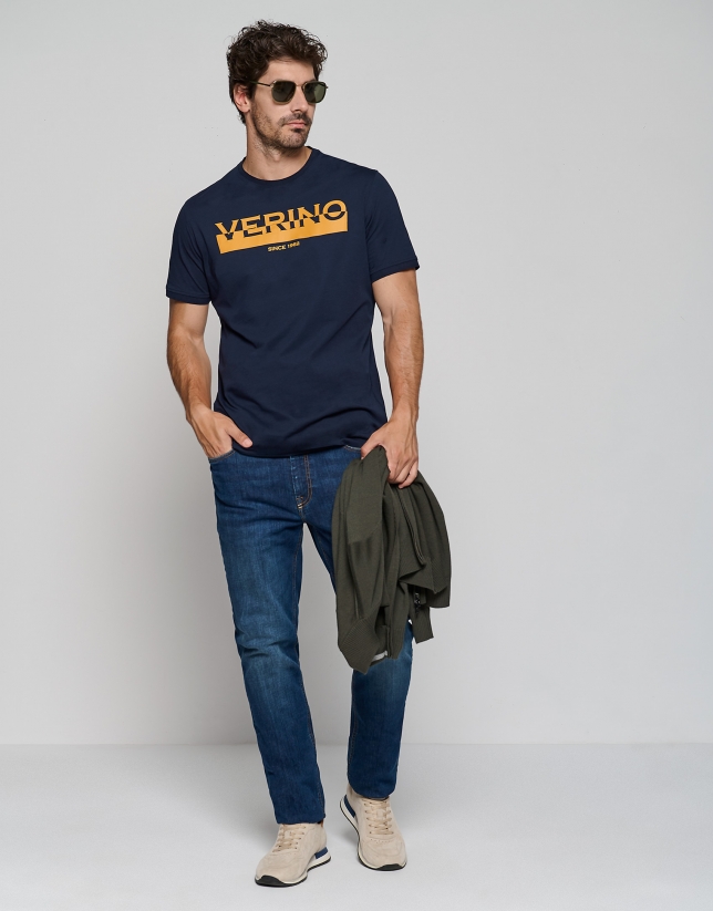 Navy blue top with yellow gold logo