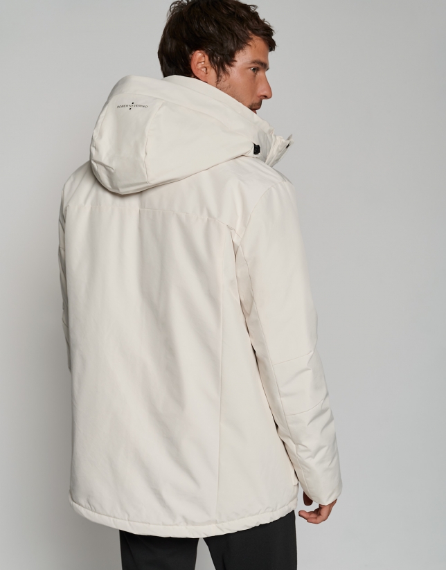 Off white tech fabric parka with quilted lining