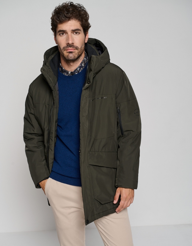 Khaki tech fabric parka with quilted lining