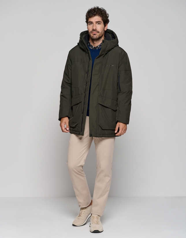 Khaki tech fabric parka with quilted lining