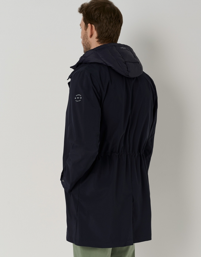 Navy blue raincoat with khaki vest inside