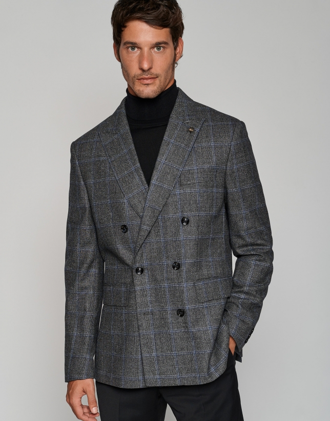 Dark gray checked double-breasted sports jacket