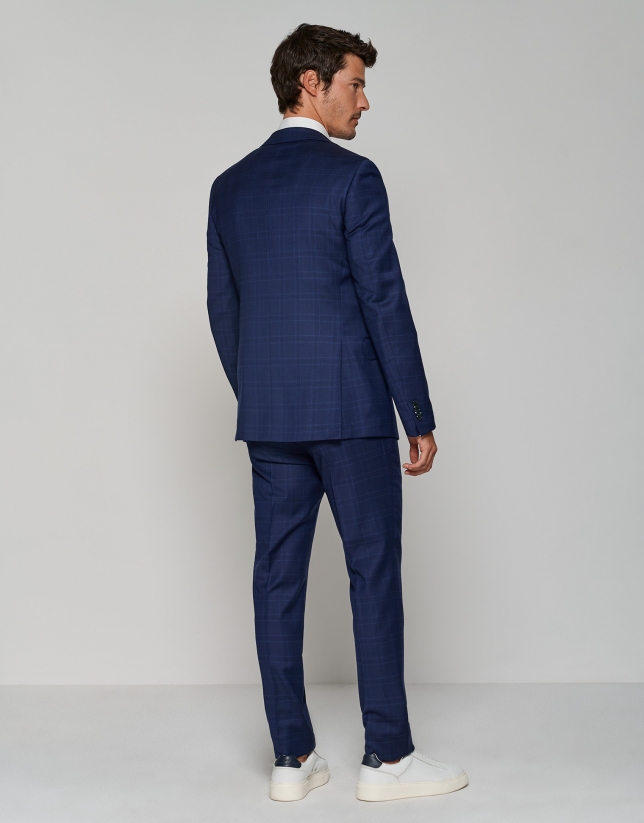 Half-canvas slim fit structured suit with navy blue checked pattern