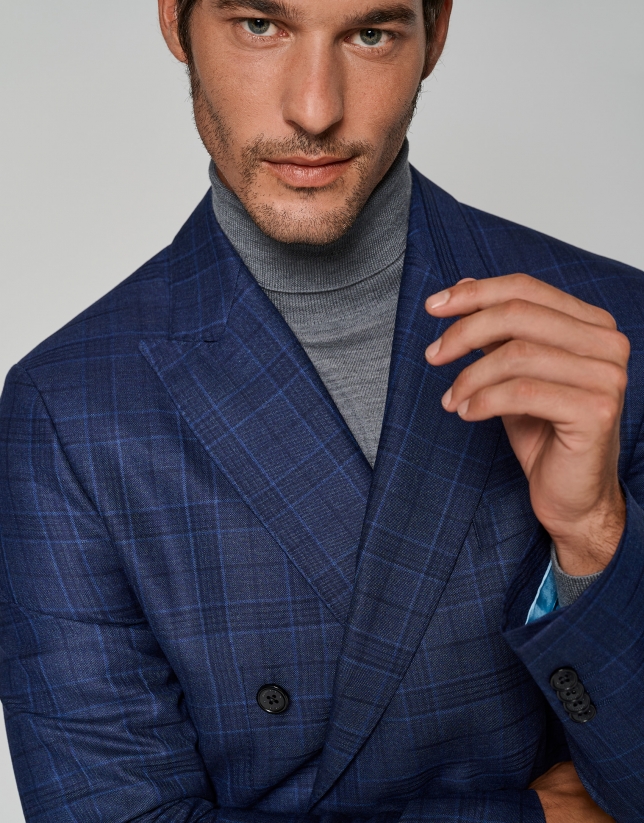 Half-canvas, slim fit suit with navy blue checked pattern