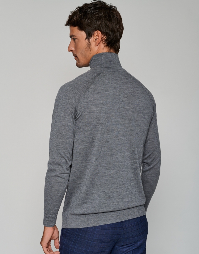 Gray melange wool sweater with a turtleneck collar