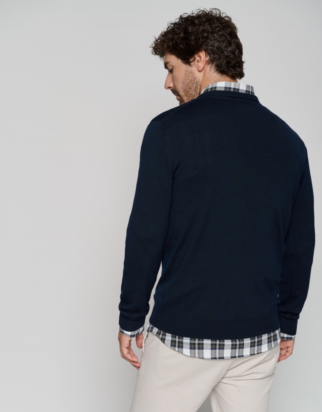 Navy blue wool sweater with V-neck 