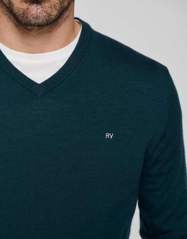 Dark green wool sweater with V-neck 