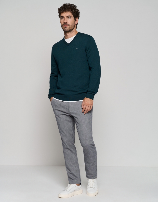 Dark green wool sweater with V-neck 