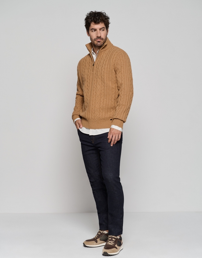 Camel cable-stitched sweater with zipper