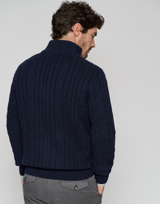 Navy blue cable-stitched sweater with zipper