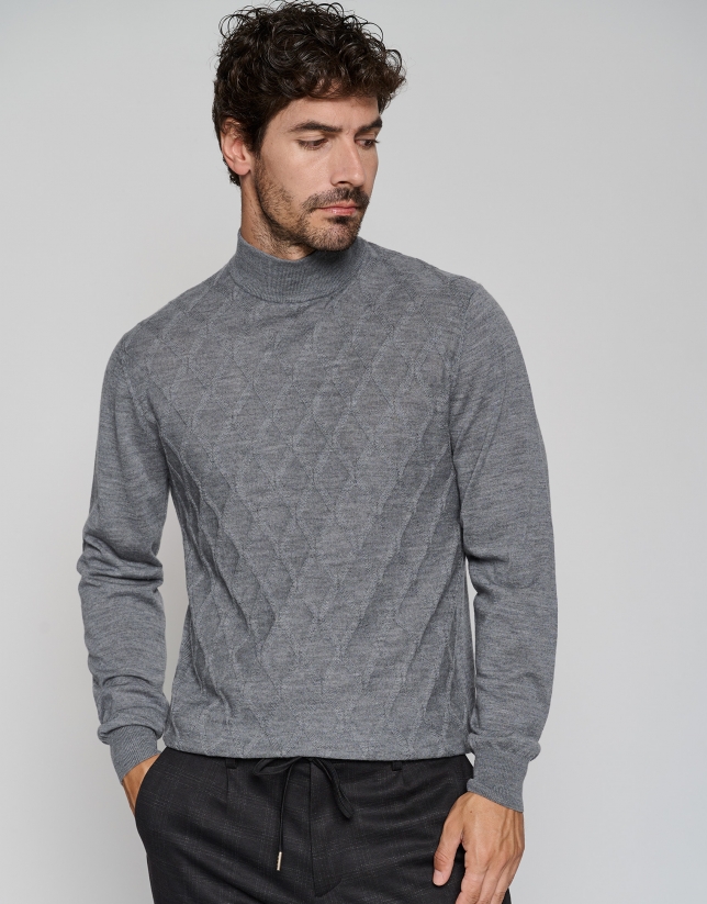 Gray melange wool sweater with elaborate knit