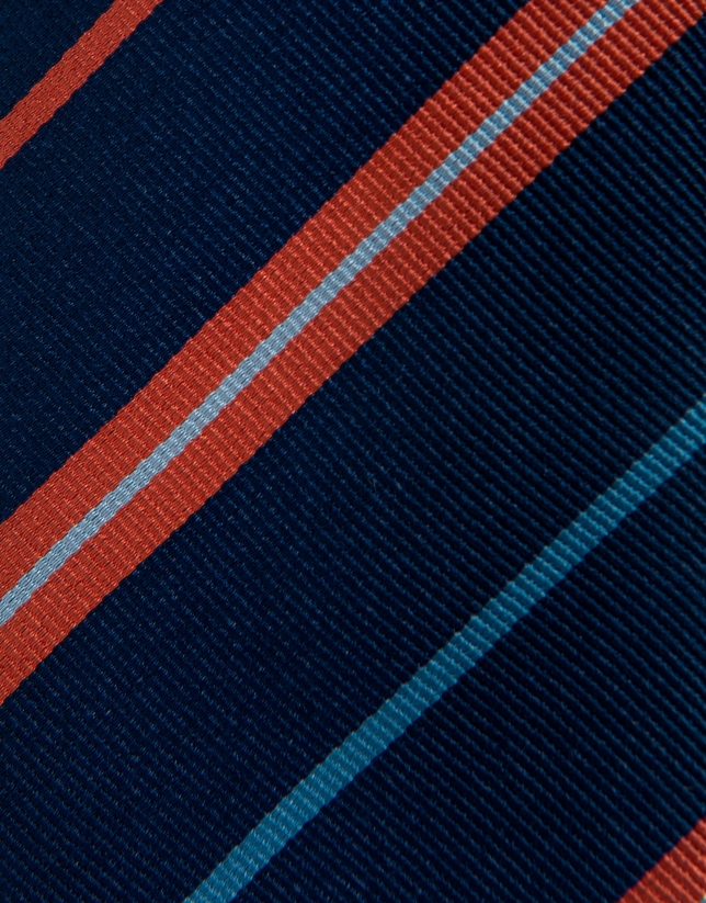 Navy blue silk tie with orange and blue stripes