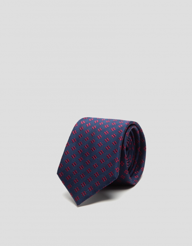 Navy blue silk tie with red floral jacquard