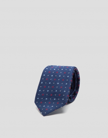 Navy blue silk tie with red and white geometric jacquard
