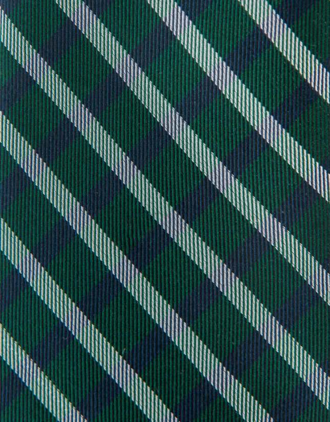 Green silk tie with navy blue and white stripes
