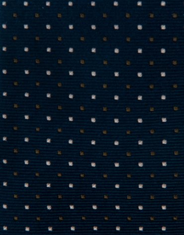 Navy blue silk tie with light gray and khaki dots