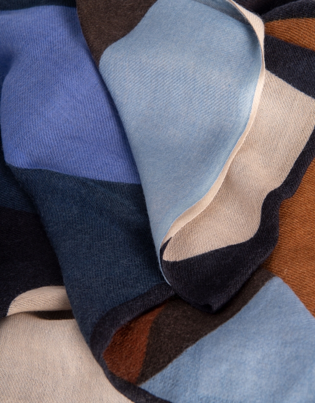 Fular lana marino con estampado abstracto multicolor