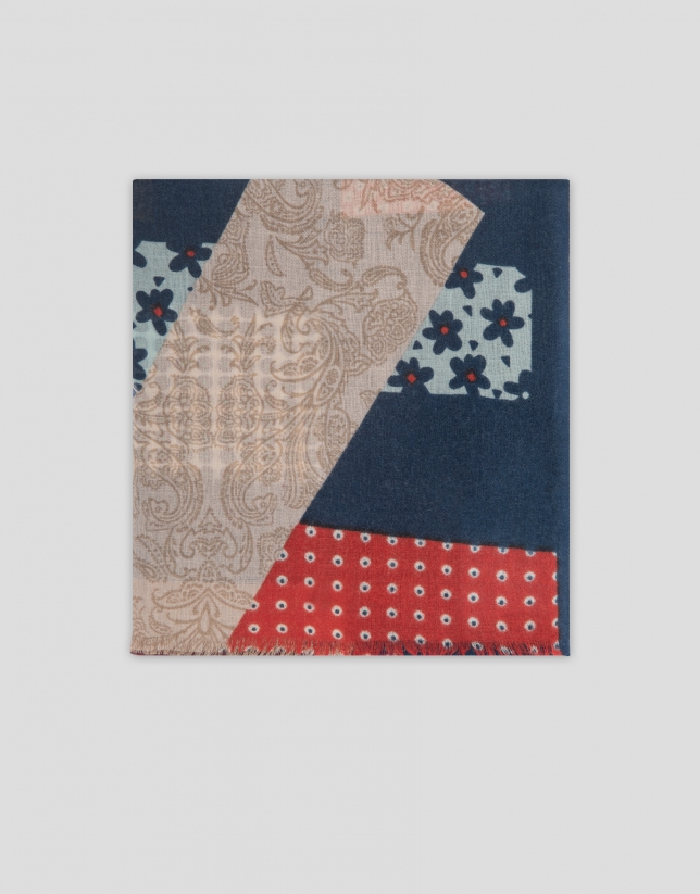 Navy blue scarf with multicolor geometric and floral patchwork 