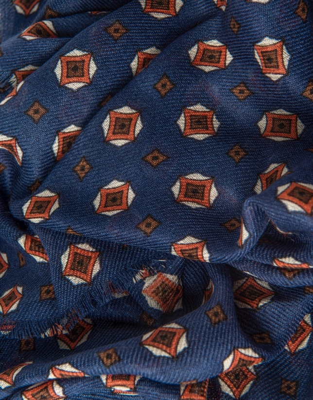 Blue wool scarf with tan necktie design