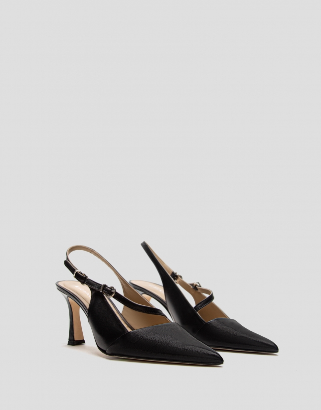 Black leather slingback shoe with strap