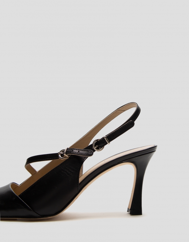 Black leather slingback shoe with strap