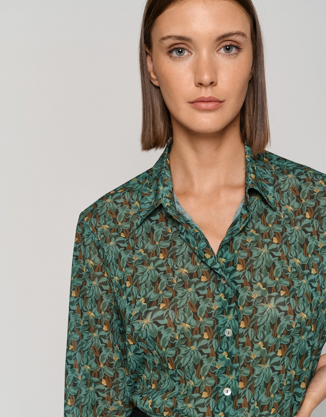 Green georgette crepe shirt with floral print