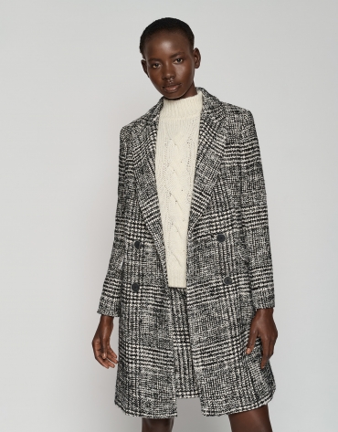 Black and white glen plaid double-breasted coat