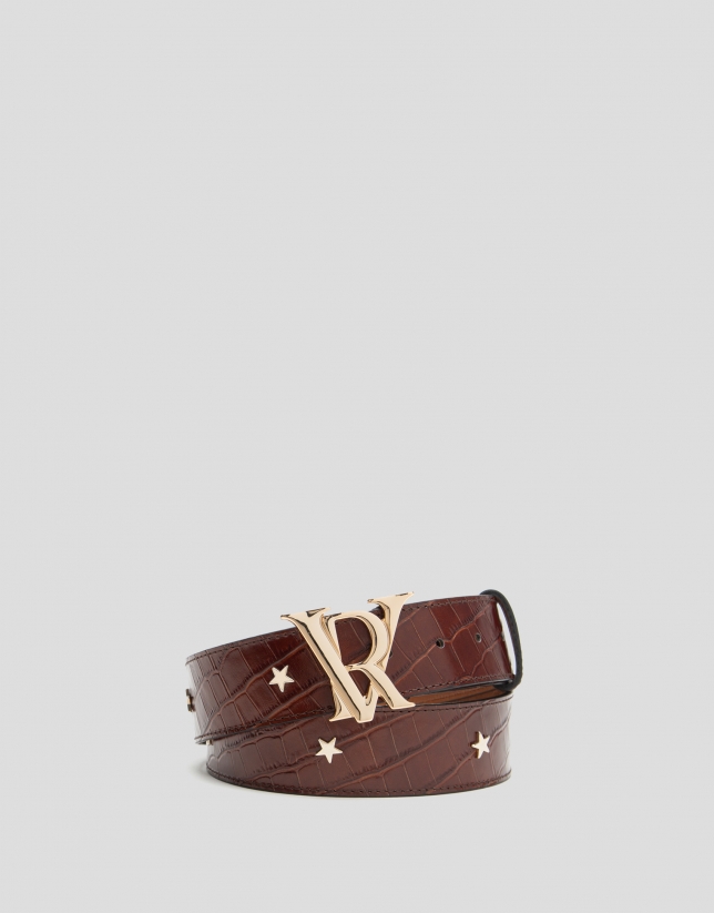 Brown alligator embossed leather belt with stars