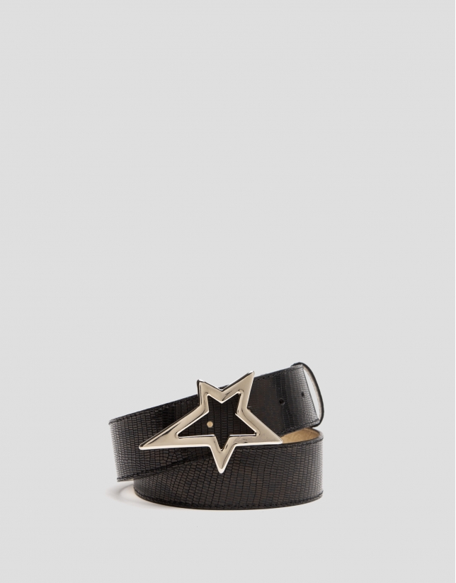 Black caballine leather belt with star-shaped buckle