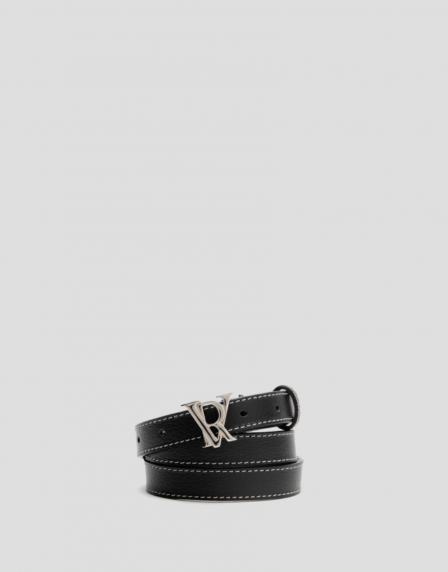 Black narrow leather belt with backstitching