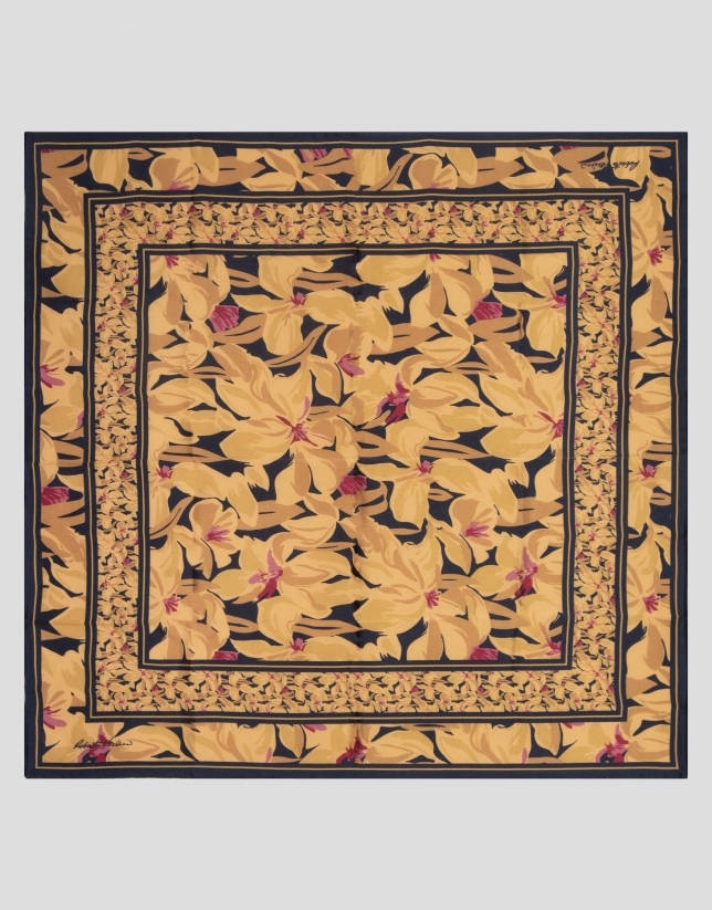 Mustard floral print silk scarf