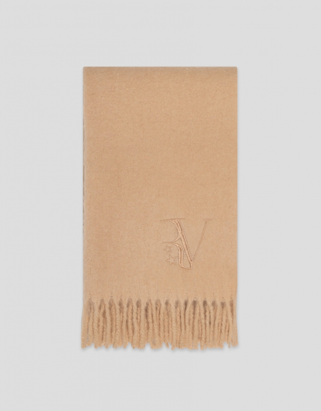 Beige scarf with fringe and RV logo
