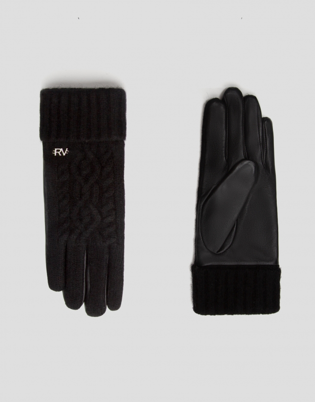 Black cable-stitched knit gloves with leather
