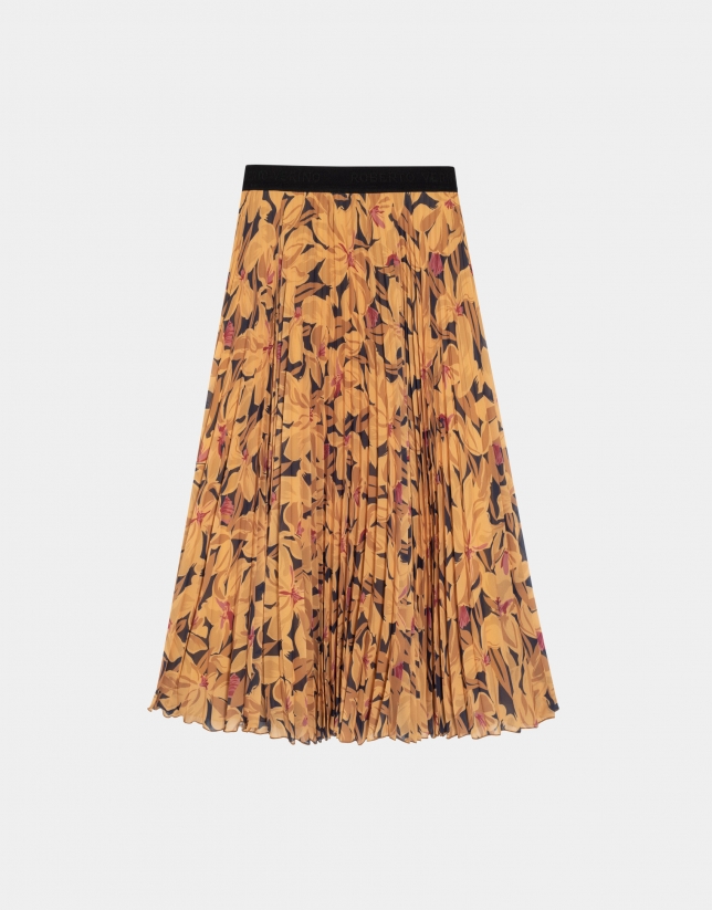 Georgette crepe pleated midi skirt with mustard floral print