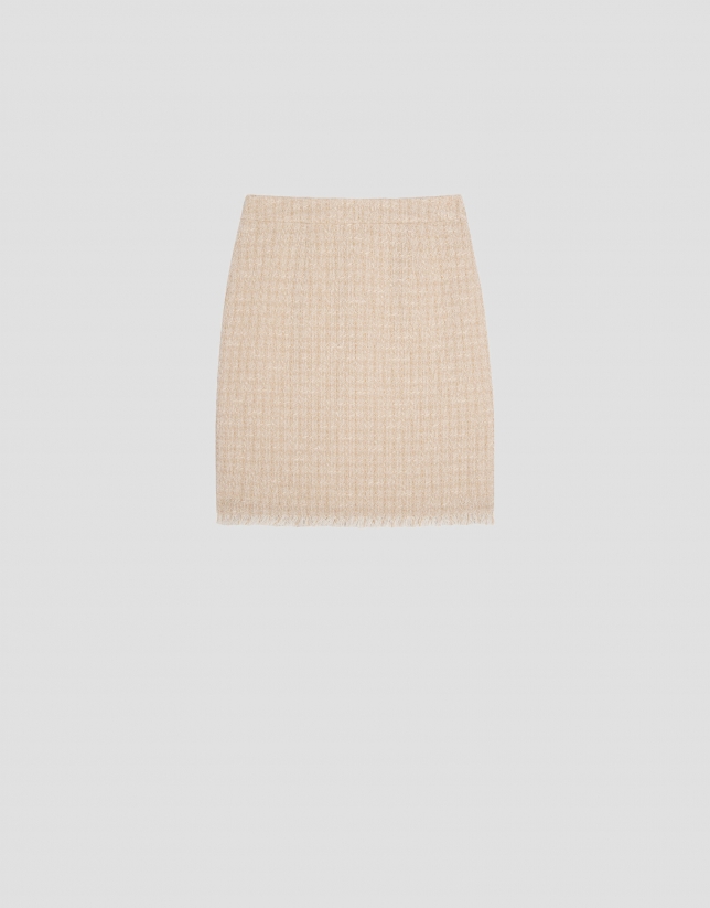 Sand-colored short tweed skirt with fringed hem