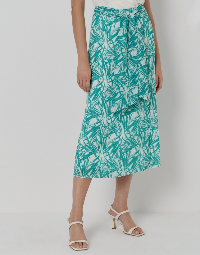 Midi sarong-style cheesecloth skirt with green bamboo print