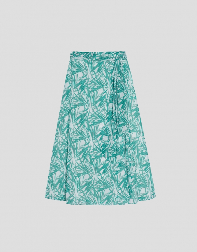 Midi sarong-style cheesecloth skirt with green bamboo print