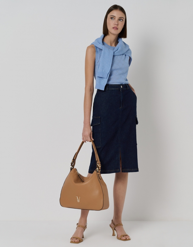 Blue midi denim skirt with side pockets